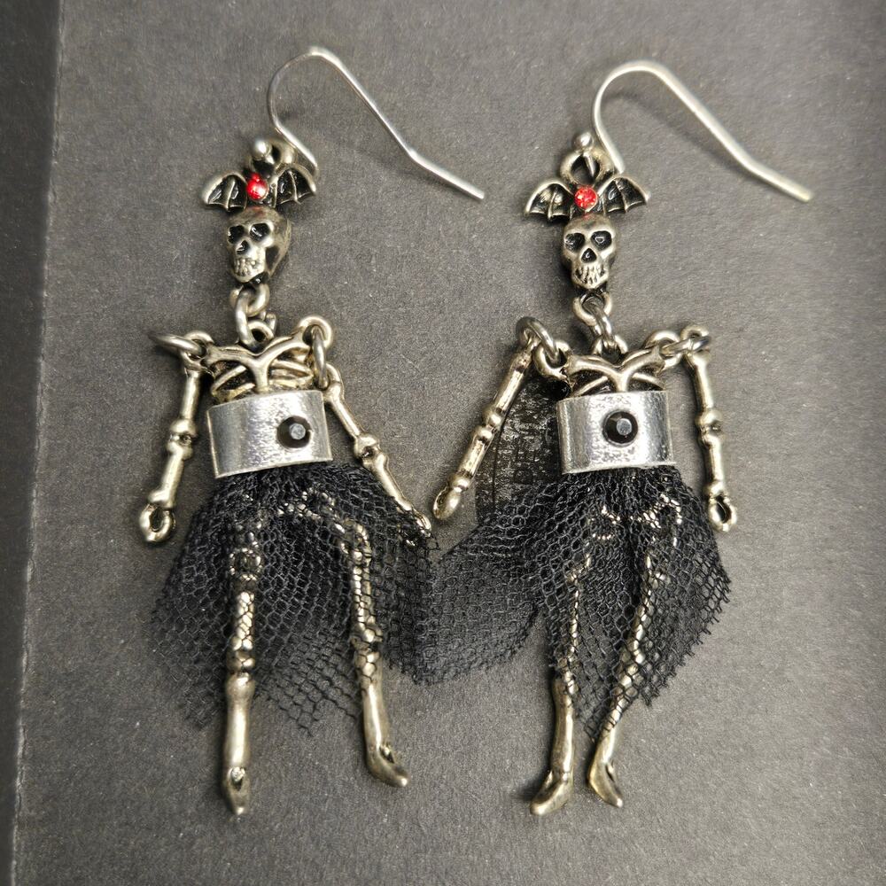 Gothic Articulated Skeleton Earrings with Tulle Tutu and Bat Wing Headpiece